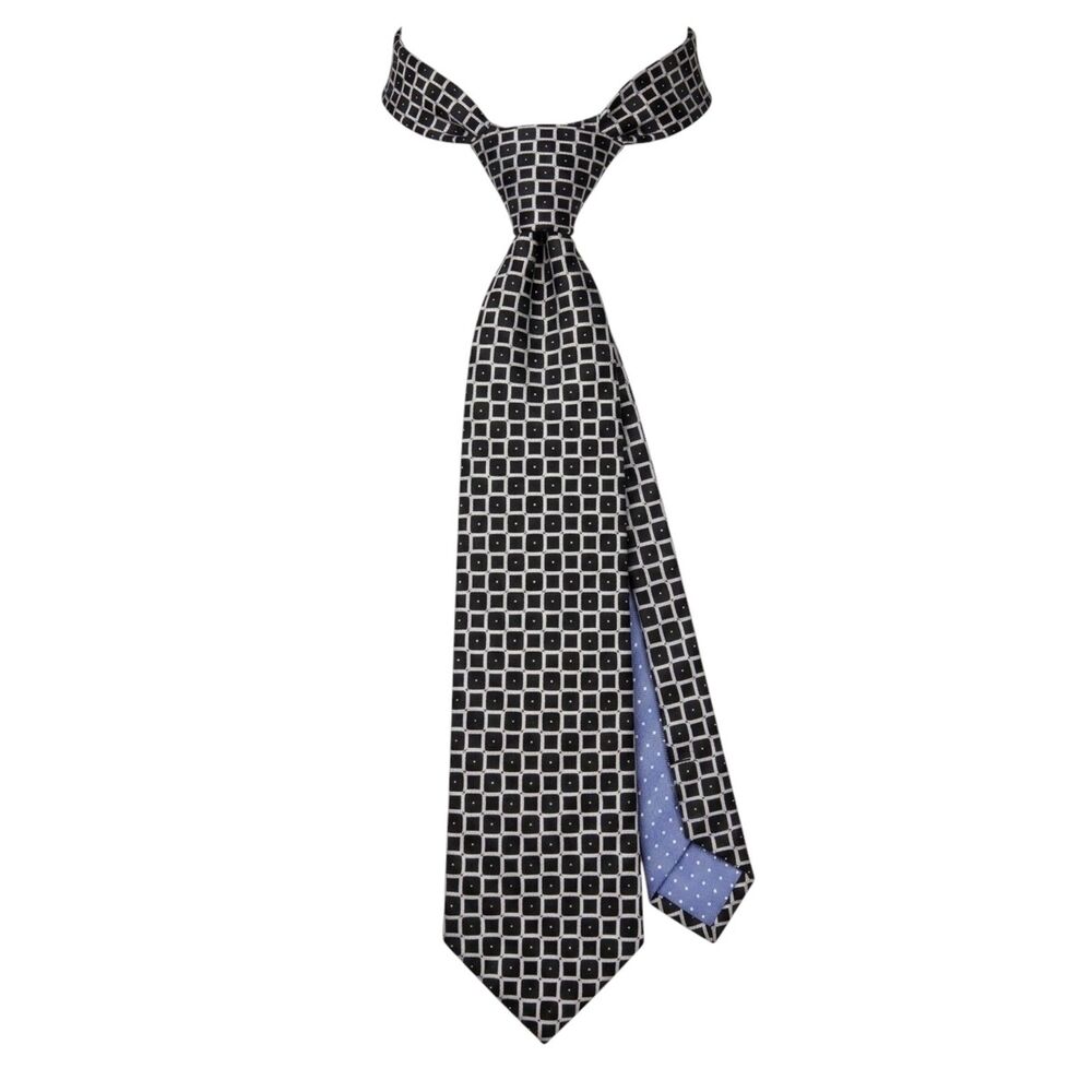 Tommy Hilfiger Silk Tie - Black Cream Geometric Square & Blue Polka Dot Contrast